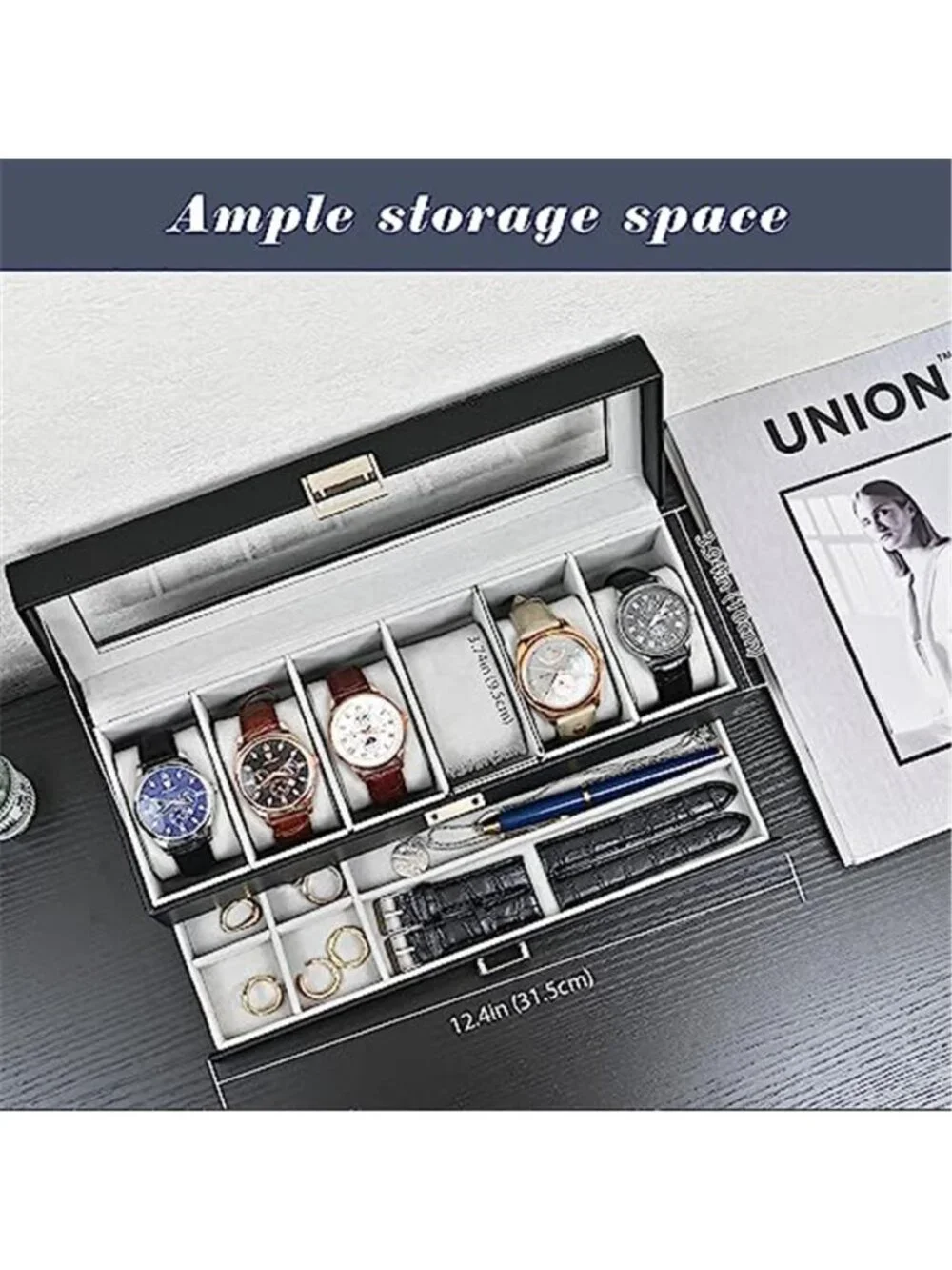 Watch Box, 6 Slot Watch Display Case with Drawer -Black
